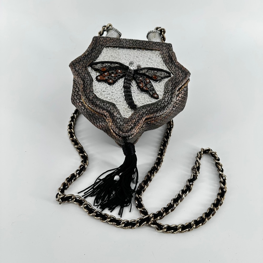 VTG Mary Frances Dragonfly Beaded Crossbody Bag Bronze Metallic Evening Small OS